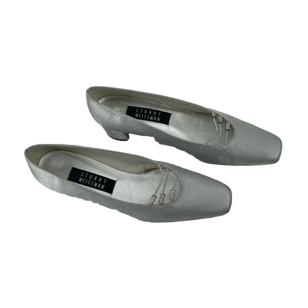 Stuart Weitzman Satin‎ Shoes Women's 7 N Silver Matte Prom Block Heel *READ